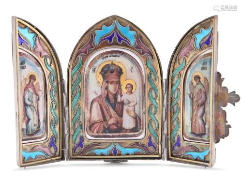 A RUSSIAN SILVER AND ENAMEL TRIPTYCH ICON, 84 standard, the ...
