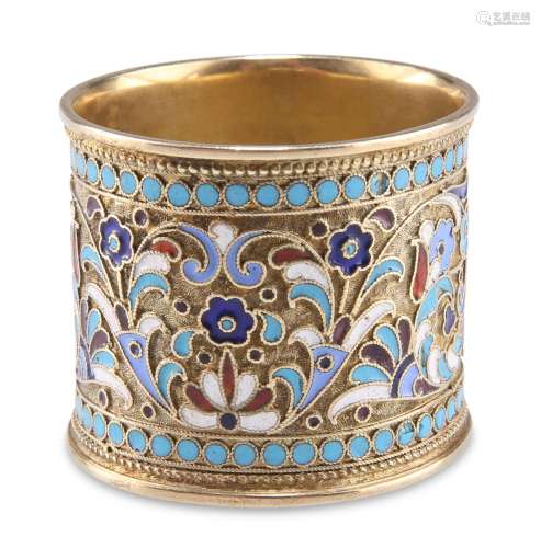 A RUSSIAN SILVER AND CHAMPLEVÉ ENAMEL NAPKIN RING, master AH...