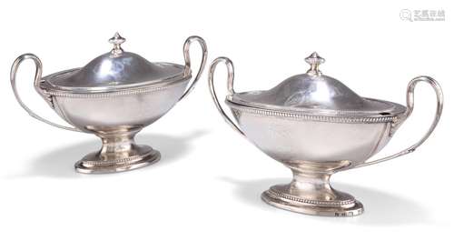 A PAIR OF GEORGE III SILVER SAUCE TUREENS AND COVERS, by Dan...