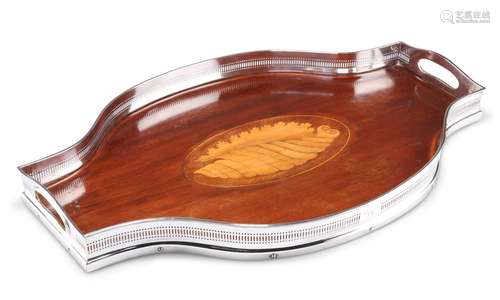 A GEORGE V SILVER AND MAHOGANY MARQUETRY TRAY, by Thomas Bra...