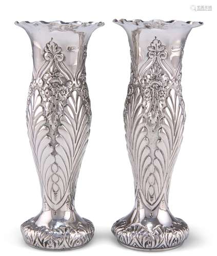 A PAIR OF VICTORIAN SILVER FLOWER VASES, by J R Ltd, Birming...