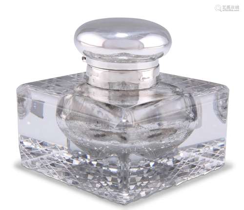 AN EDWARDIAN SILVER-TOPPED CUT-GLASS INKWELL, maker's m...