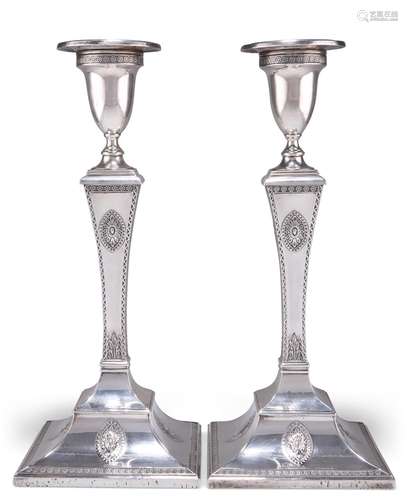 A PAIR OF ADAM REVIVAL SILVER CANDLESTICKS, by John & Wi...