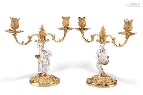 A PAIR OF ROCOCO REVIVAL PARCEL-GILT SILVER CANDELABRA, by C...