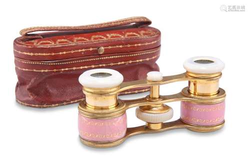 A PAIR OF CARTIER ENAMELLED GILT OPERA GLASSES, mark for Lou...