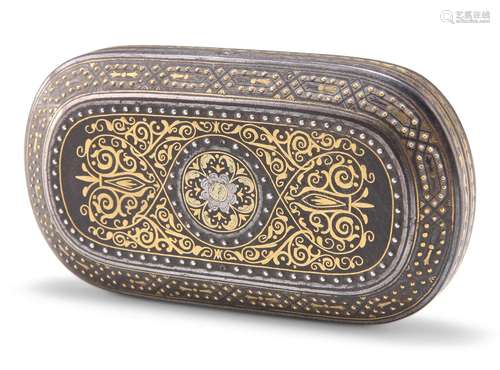 A 19TH CENTURY GOLD-INLAID IRON BOX, rounded rectangular, wi...