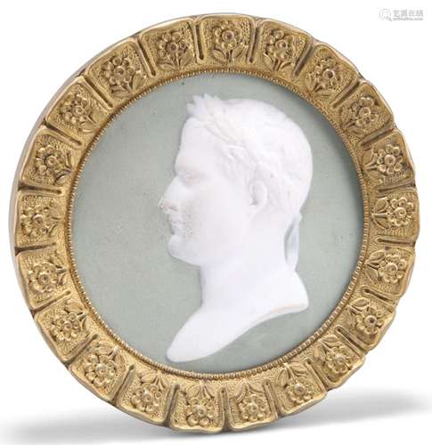 A 19TH CENTURY ORMOLU-MOUNTED GREEN JASPER PLAQUE, circular,...