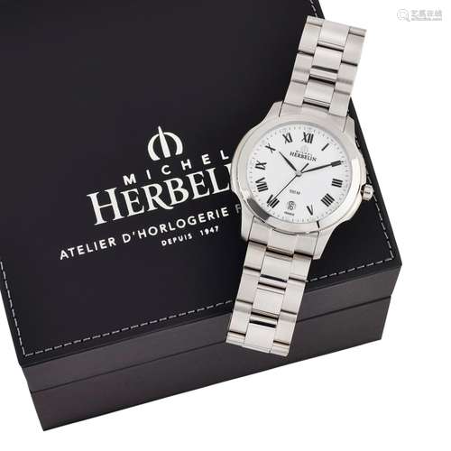 A GENTS STEEL MICHEL HERBELIN BRACELET WATCH, circular white...