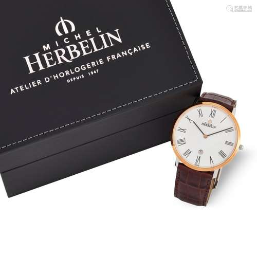 A GENTS TWO TONE MICHEL HERBELIN STRAP WATCH, circular white...