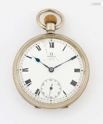 WHITE METAL OMEGA POCKET WATCH. Circular white dial signed O...