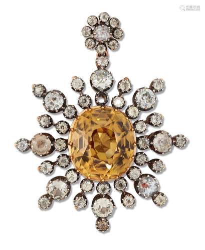 A 19TH CENTURY ZIRCON PENDANT / BROOCH, a cushion-cut yellow...