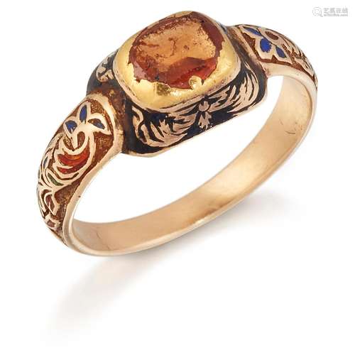 A HESSONITE GARNET AND ENAMEL RING, an octagonal-cut hessoni...