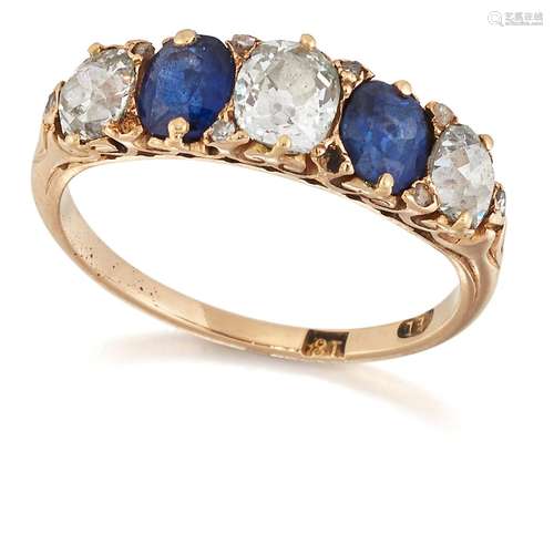 A VICTORIAN SAPPHIRE AND DIAMOND RING, two oval-cut sapphire...