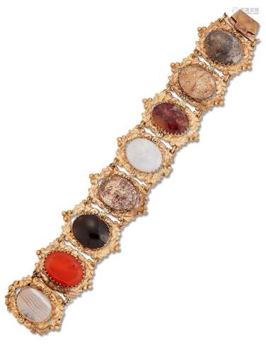 AN AGATE BRACELET, various oval agates in claw settings with...