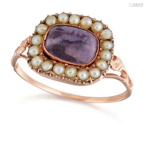 AN AMETHYST AND SEED PEARL CLUSTER RING, an oval cabochon am...