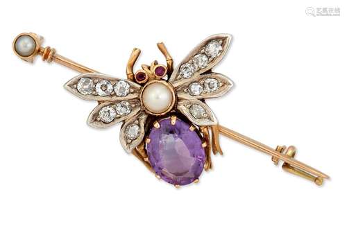 A VICTORIAN GEM-SET INSECT BROOCH, with oval-cut amethyst ab...