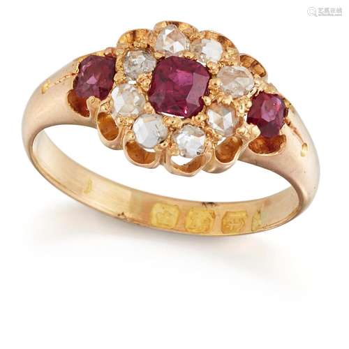 A VICTORIAN 18 CARAT GOLD RUBY AND DIAMOND CLUSTER RING, a c...