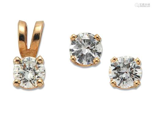 A PAIR OF SOLITAIRE DIAMOND EARRINGS AND A SOLITAIRE DIAMOND...