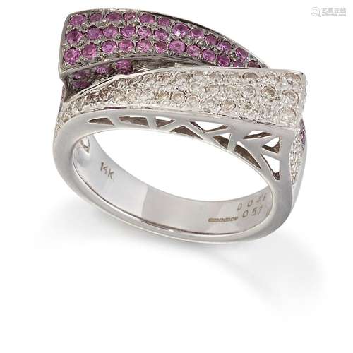 A 14 CARAT WHITE GOLD PINK SAPPHIRE AND DIAMOND RING, crosso...