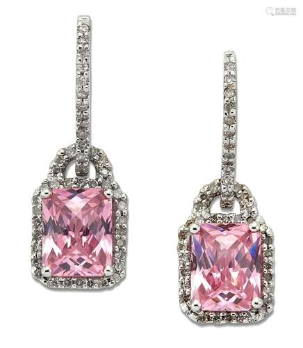 A PAIR OF PINK CUBIC ZIRCONIA AND DIAMOND CLUSTER PENDANT EA...