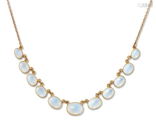 A MOONSTONE NECKLACE, graduated oval moonstones to a trace c...