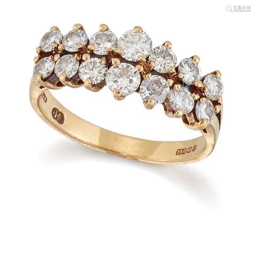 AN 18 CARAT GOLD DIAMOND RING, two rows of graduated round b...