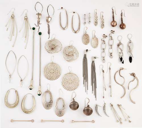 TWENTY ONE PAIRS OF SILVER EARRINGS, including A PAIR OF MAL...