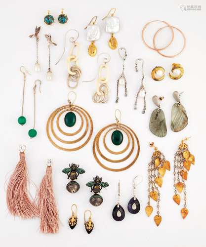 FIFTEEN PAIRS OF SILVER AND GEM-SET EARRINGS, including A PA...