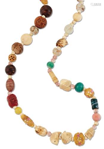 A GROUP OF OJIME AND OTHER BEADS, MOUNTED AS A NECKLACE, com...