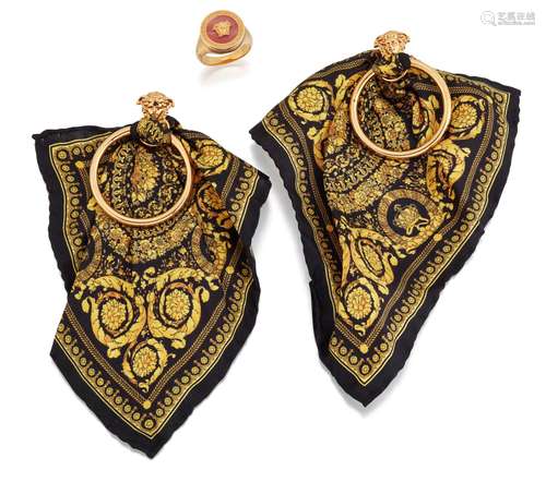 VERSACE - A PAIR OF BLACK AND GOLD BAROCCO SILK SCARF EARRIN...