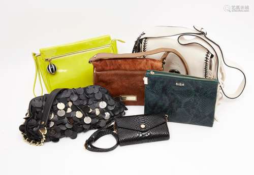 SIX DESIGNER HANDBAGS, including A LULU GUINNESS NEON PATENT...