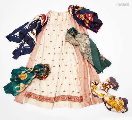 FIVE SCARVES – including A LIBERTY SILK PEACOCK PRINT SCARF,...