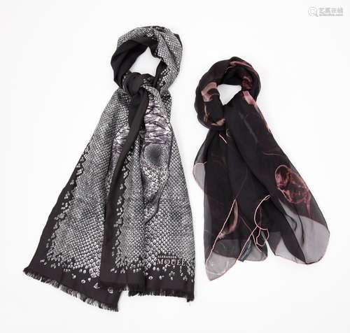 ALEXANDER MCQUEEN - TWO SKULL PRINT SILK SCARVES / SHAWLS, s...