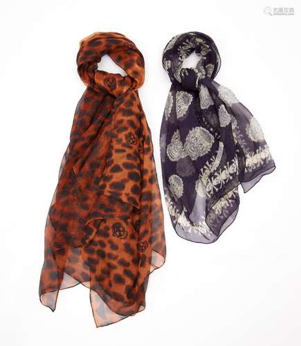 ALEXANDER MCQUEEN - TWO SKULL PRINT SILK SCARVES / SHAWLS, t...