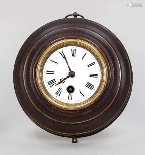 Wooden wall clock in tin case,