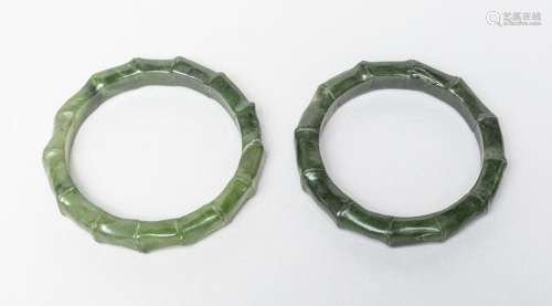 Two Chinese Jade Carved Bamboo Type Bangles