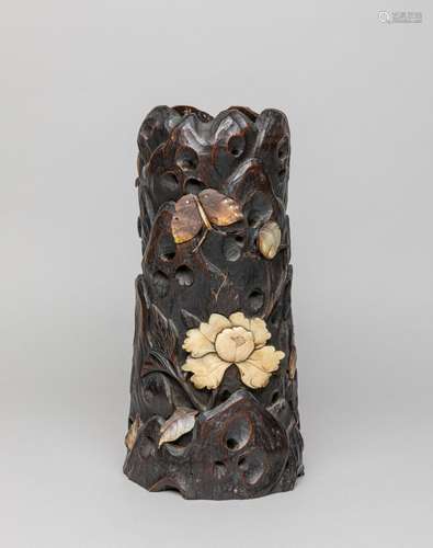 Japanese Wood Inlaid Gem Stone Pot