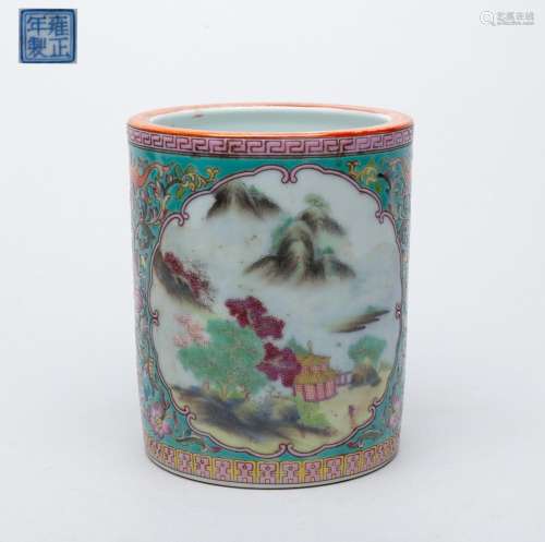 Chinese Export Enameled Porcelain Brush Pot