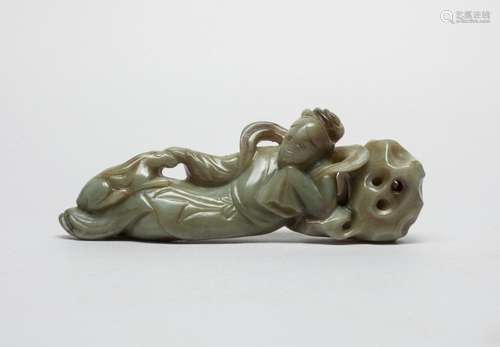 Chinese Grey Jade Brush Stand of Lady