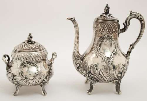 FRENCH SILVER TEAPOT AND COVERED SUGAR