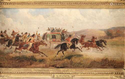 L. MARIAN, 19TH C. O/C PAINTING OF INDIANS ATTACKING COACH