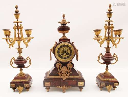 FRENCH 3 PC. MARBLE AND BRONZE CLOCK SET, 19TH C.