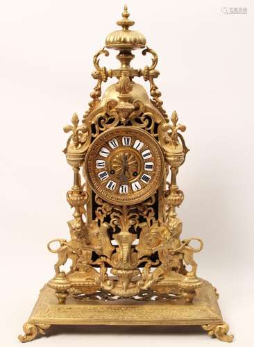 FRENCH GILT BRONZE CLOCK WITH URN AND LIONS