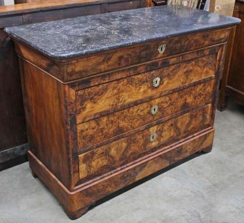 LOUIS PHILIPPE EXOTIC FIGURED WALNUT M/TOP COMMODE