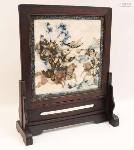 CHINESE HARDWOOD AND PORCELAIN TABLE SCREEN