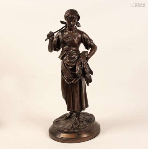 E. AIZELIN, 19TH C. FRENCH BRONZE OF PEASANT GIRL