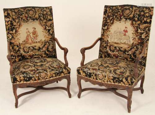 LARGE PR. OF LOUIS XV STYLE CARVED WALNUT FAUTEUILS