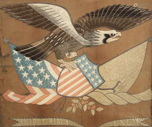 AMER. EMBROIDERY ON GOLD FOIL PAPER OF EAGLE, 19TH C.