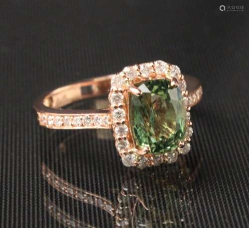 14K ROSE GOLD GREEN SAPPHIRE AND DIAMOND RING, W/GIA