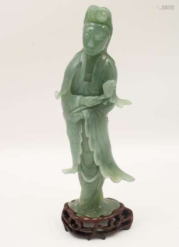 IMPORTANT 11.25" GREEN JADE KWAN YIN FIGURE ON STAND